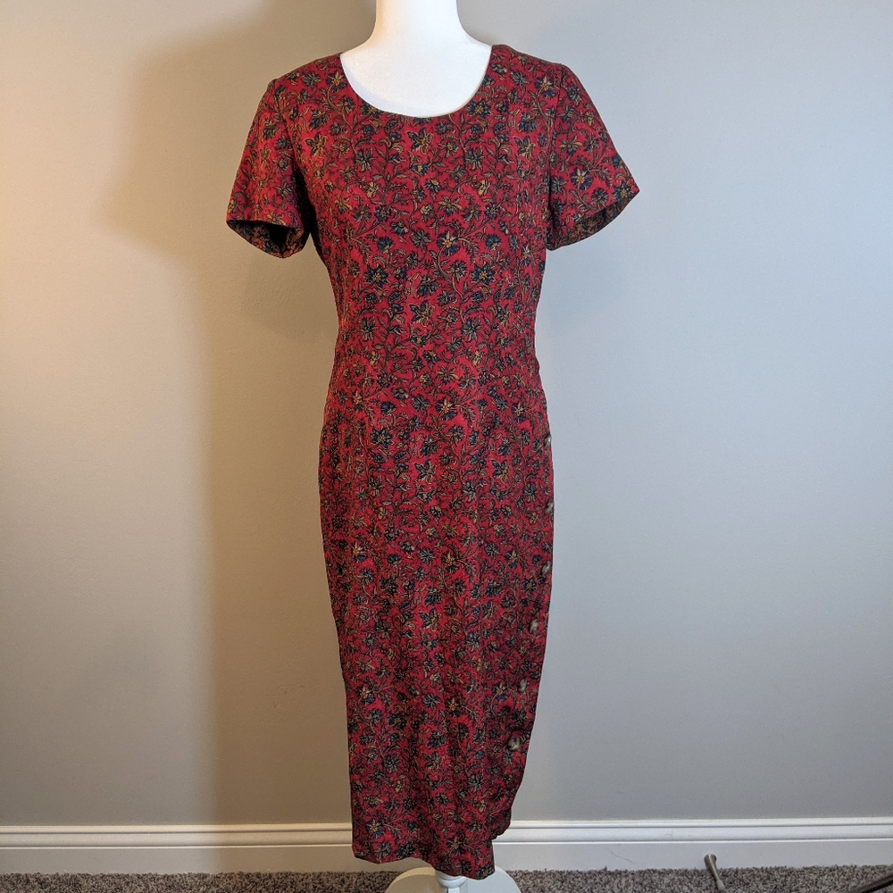 Red Silk Floral Midi Dress